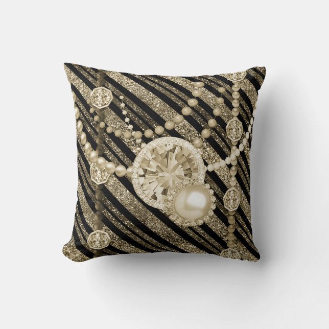 Faux Glitter & Jewels Gold & Black Tones Square Cushion (Front)