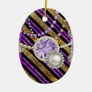 Faux Glitter & Jewels Purple & Gold Tones Ceramic Tree Decoration
