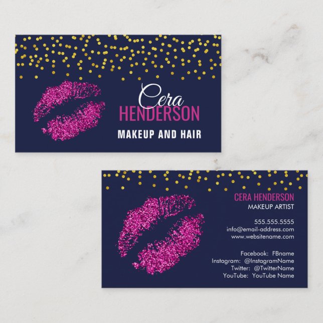 Faux Glitter Lips Gold Confetti Makeup Artist Business Card (Front/Back)