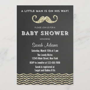 Faux Glitter Moustache Baby Shower Invitation