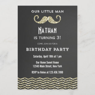Faux Glitter Moustache Birthday Invitation