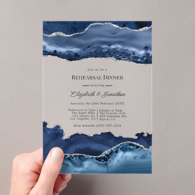 Faux Glitter Navy & Silver Agate Rehearsal Dinner Acrylic Invitations (Insitu (Handheld))