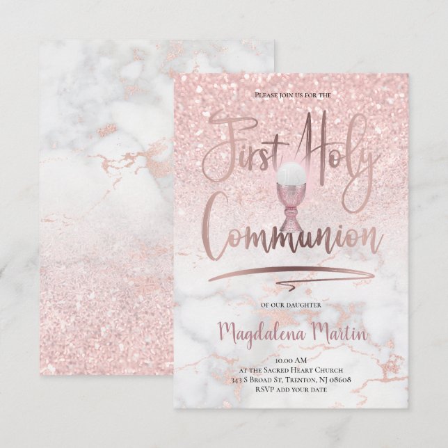 Faux glitter on pink marble First Holy Communion Invitation (Front/Back)