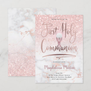 Faux glitter on pink marble First Holy Communion Invitation
