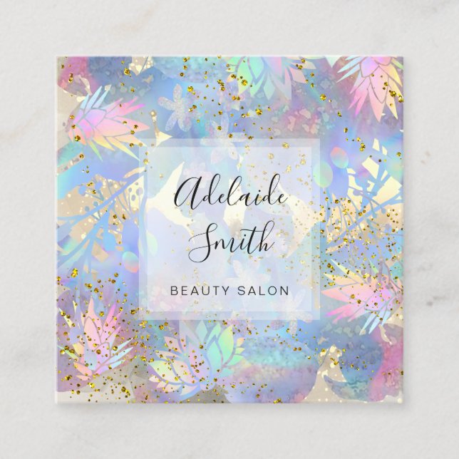 FAUX glitter on watercolor tropical design Square  Business Card (Front)