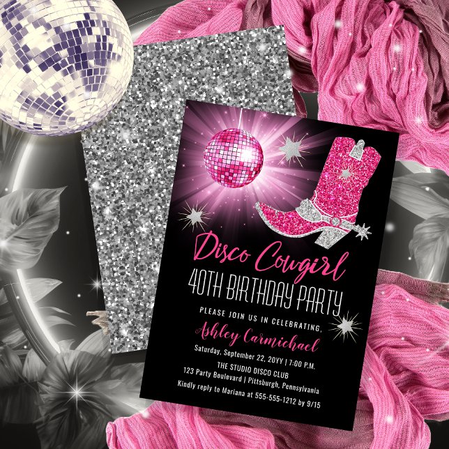 Faux Glitter Pink Disco Cowgirl 40 Birthday Party Invitation (Disco Cowgirl 40th Birthday Party Invitations -- Print and/or Download)