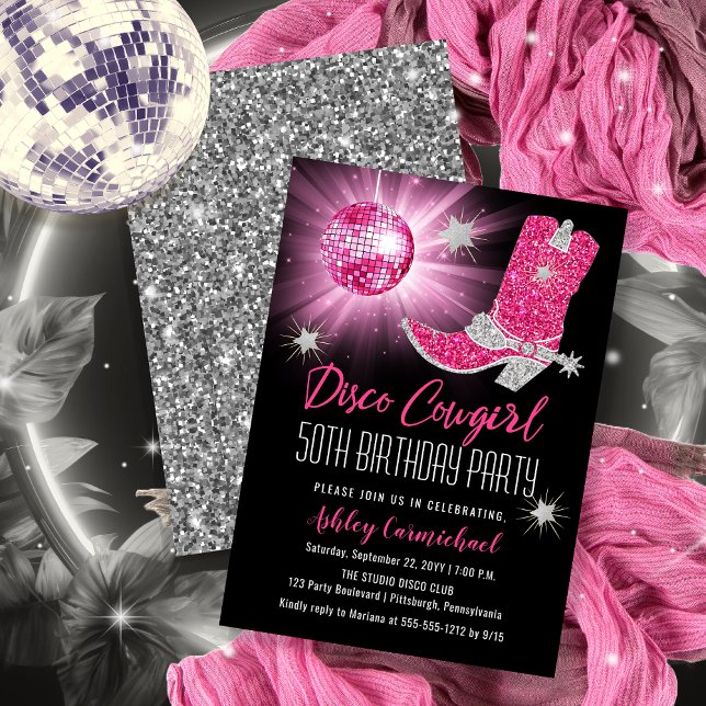 Faux Glitter Pink Disco Cowgirl 50 Birthday Party Invitation (Disco Cowgirl 50th Birthday Party Invitations -- Print and/or Download)