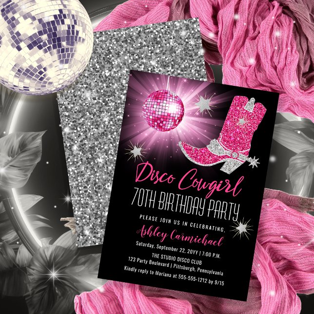 Faux Glitter Pink Disco Cowgirl 70 Birthday Party Invitation (Disco Cowgirl 70th Birthday Party Invitations -- Print and/or Download)