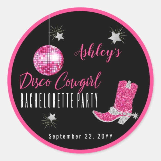 Faux Glitter Pink Disco Cowgirl Bachelorette Classic Round Sticker (Front)