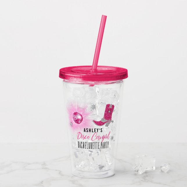 Faux Glitter Pink Disco Cowgirl Bachelorette Party Acrylic Tumbler (Back Ice)
