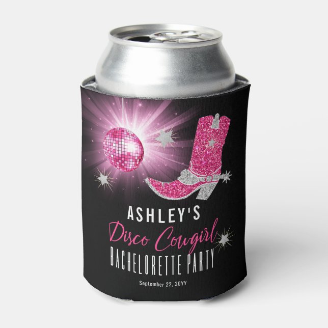 Faux Glitter Pink Disco Cowgirl Bachelorette Party Can Cooler (Can Front)