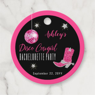 Faux Glitter Pink Disco Cowgirl Bachelorette Party Favour Tags