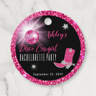 Faux Glitter Pink Disco Cowgirl Bachelorette Party Favour Tags