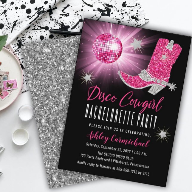 Faux Glitter Pink Disco Cowgirl Bachelorette Party Invitation (Creator Uploaded)