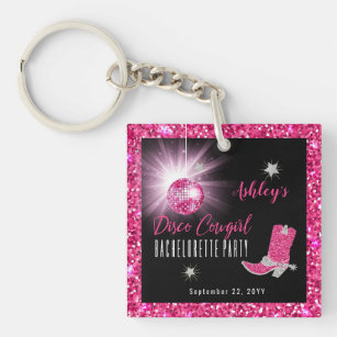 Faux Glitter Pink Disco Cowgirl Bachelorette Party Key Ring