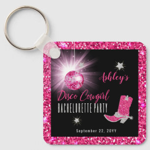 Faux Glitter Pink Disco Cowgirl Bachelorette Party Key Ring