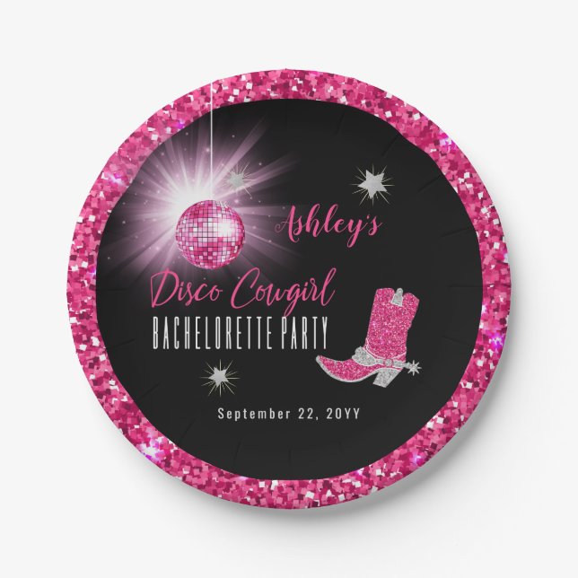 Faux Glitter Pink Disco Cowgirl Bachelorette Party Paper Plate (Front)