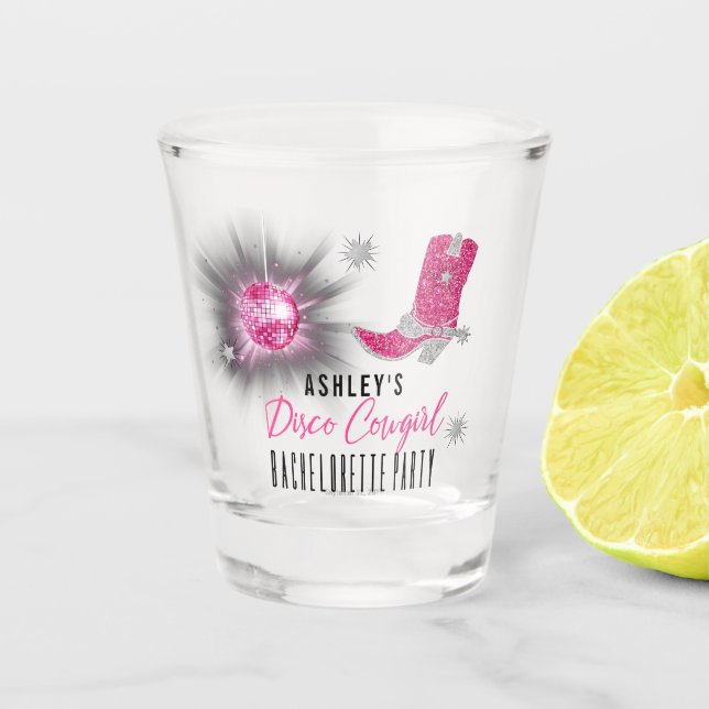 Faux Glitter Pink Disco Cowgirl Bachelorette Party Shot Glass (Front)