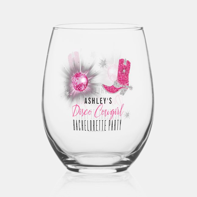 Faux Glitter Pink Disco Cowgirl Bachelorette Party Stemless Wine Glass (Front)