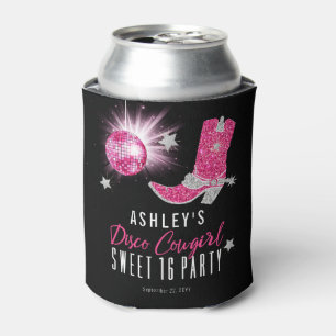 Faux Glitter Pink Disco Cowgirl Sweet 16 Party Can Cooler