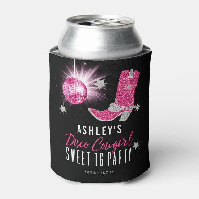Faux Glitter Pink Disco Cowgirl Sweet 16 Party Can Cooler (Can Front)