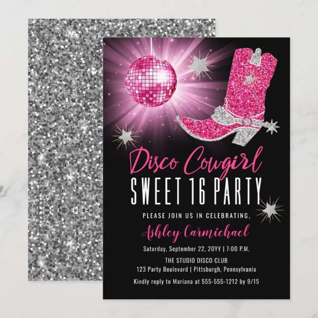 Faux Glitter Pink Disco Cowgirl Sweet 16 Party Invitation (Front/Back)