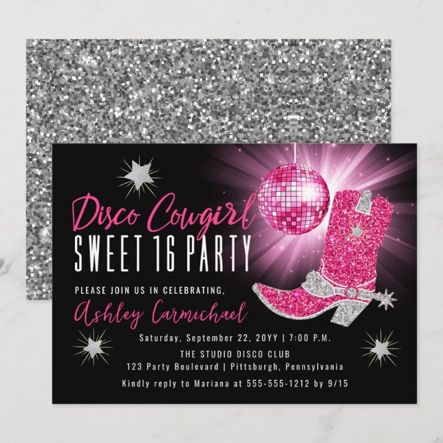 Faux Glitter Pink Disco Cowgirl Sweet 16 Party Invitation (Front/Back)