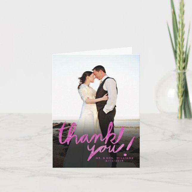 Faux Glitter Pink Modern Photo Thank You Card (Front)