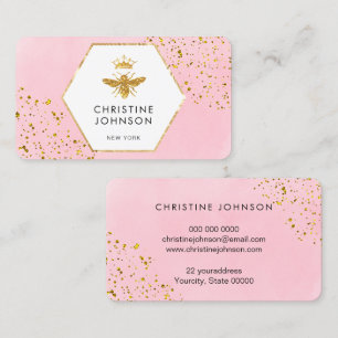 faux glitter queen bee logo on pink watercolor business card