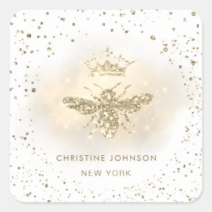 faux glitter queen bee logo square sticker