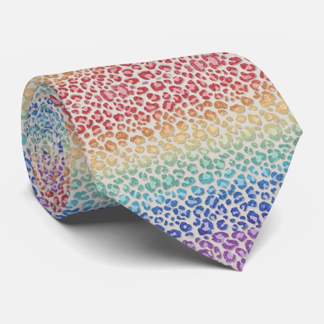 Faux Glitter Rainbow Leopard Print Neck Tie (Rolled)
