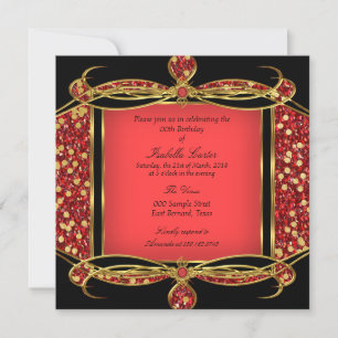Faux Glitter Red Gold Black Birthday Party Invitation