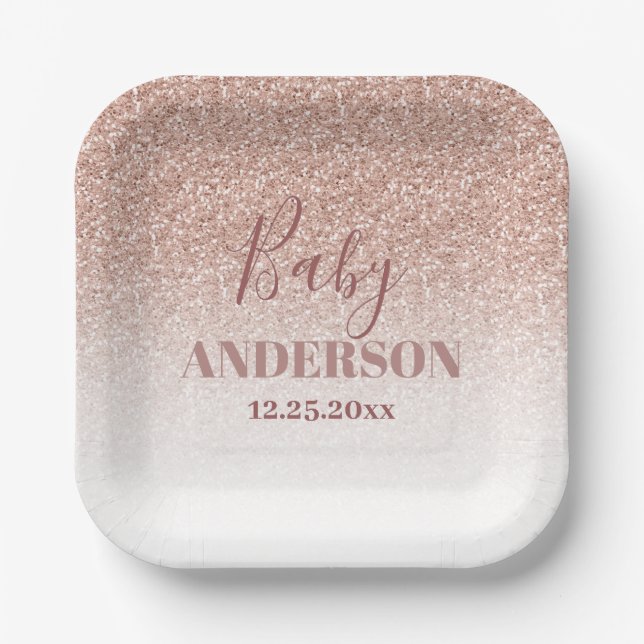 Faux Glitter Rose Gold Girl Baby Shower Square Paper Plate (Front)