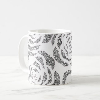Faux Glitter Silver Grey Roses White Coffee Mug