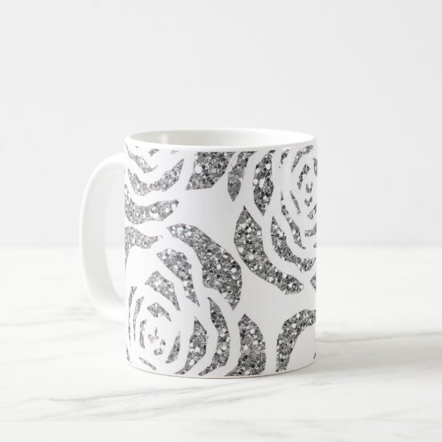 Faux Glitter Silver Grey Roses White Coffee Mug (Front Left)