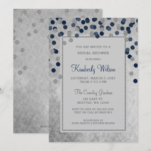 FAUX Glitter Silver Navy confetti Bridal Shower Invitation