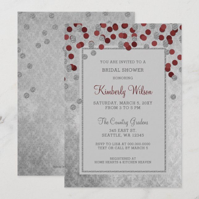 FAUX Glitter Silver Red confetti Bridal Shower Invitation (Front/Back)