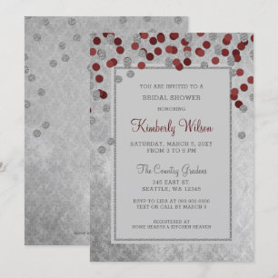FAUX Glitter Silver Red confetti Bridal Shower Invitation