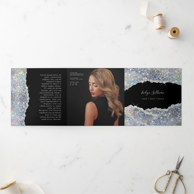 Faux glitter silver sequin trifold brochure (Outside)