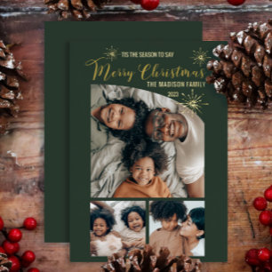 Faux Glitter Tapered Top 3 Photo Merry Christmas Foil Holiday Card
