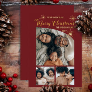 Faux Glitter Tapered Top 3 Photo Merry Christmas  Foil Holiday Card