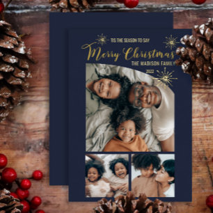 Faux Glitter Tapered Top 3 Photo Merry Christmas   Foil Holiday Card