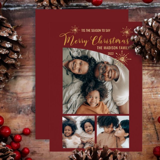 Faux Glitter Tapered Top 3 Photo Merry Christmas  Foil Holiday Card (Creator Uploaded)
