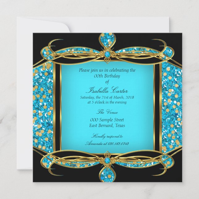 Faux Glitter Teal Blue Gold Black Birthday Party Invitation (Front)