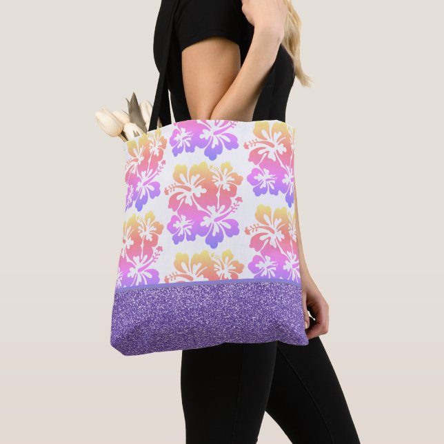 Faux Glitter & Tropical Flower Tote Bag (Close Up)