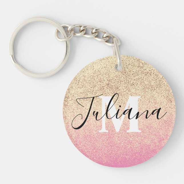 Faux Glitter Two Tone Pink Gold Monogrammed  Key Ring (Front)