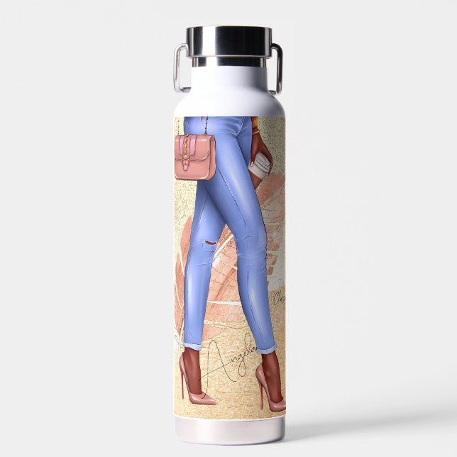 Faux Glitter Woman Heels Pink  Gold  Water Bottle (Front)