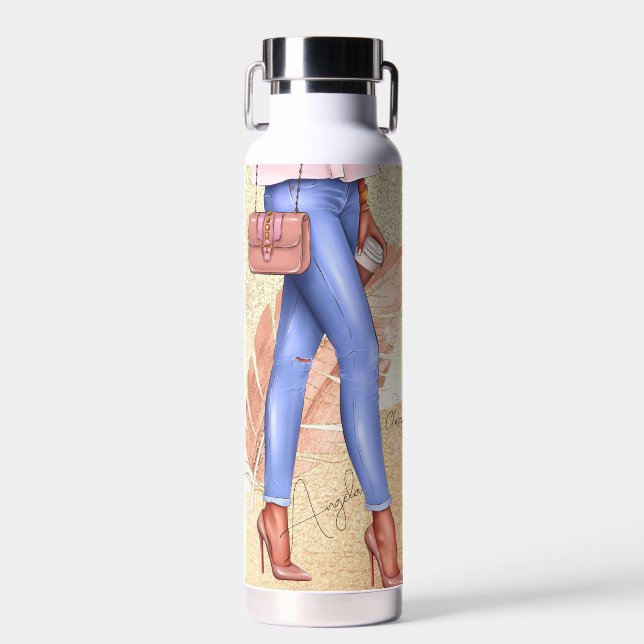 Faux Glitter Woman Heels Pink Gold  Water Bottle (Front)
