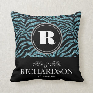 Faux Glitter Zebra Monogrammed Mr and Mrs Cushion