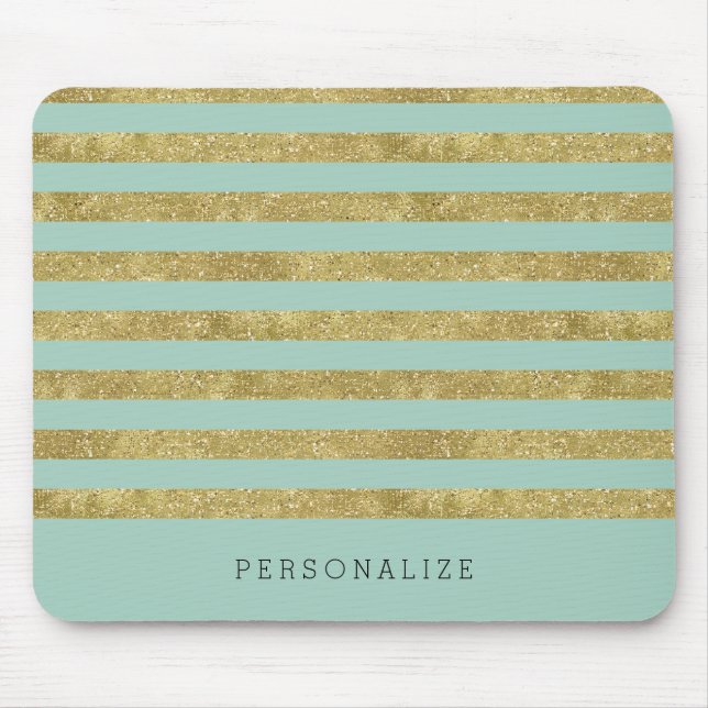 Faux Glittery Gold Mint Stripes Mouse Mat (Front)